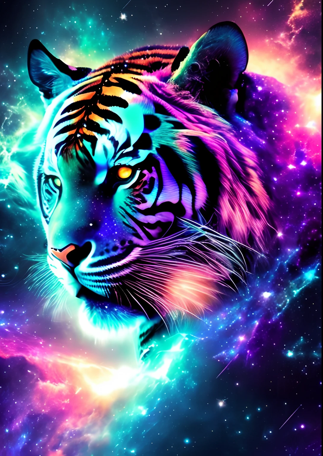 dreamlikeart, galaxy, outer space, nebula, star, [cyberpunked] Tiger from the stars (star:1.5),