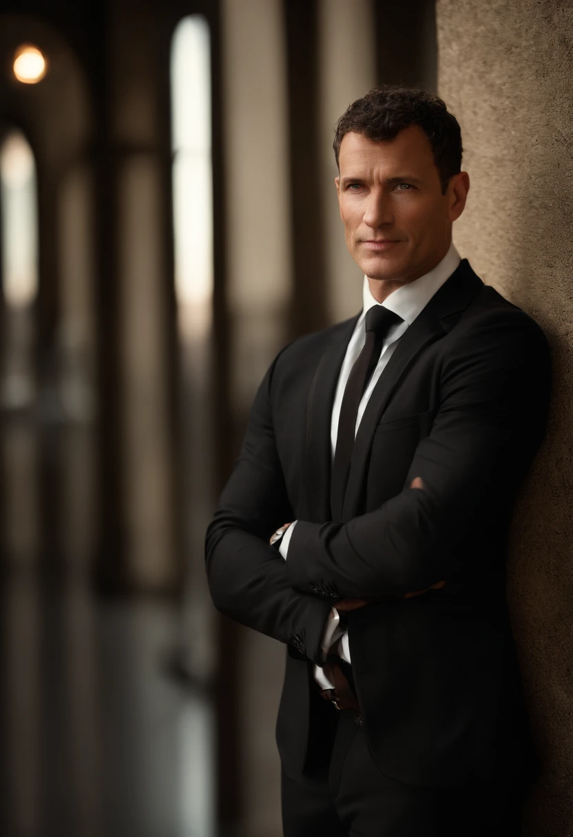 Cinematic portrait , a handsom man, Tall and fit, (40 years old:1.1), (shaven:1.2), (very short brown hair a bit curly:1.5),(very short hair:1.6). black tight suit, white shirt . Minimalistic background, clean composition, strong details, Muted Colours, Hasselblad, style raw
