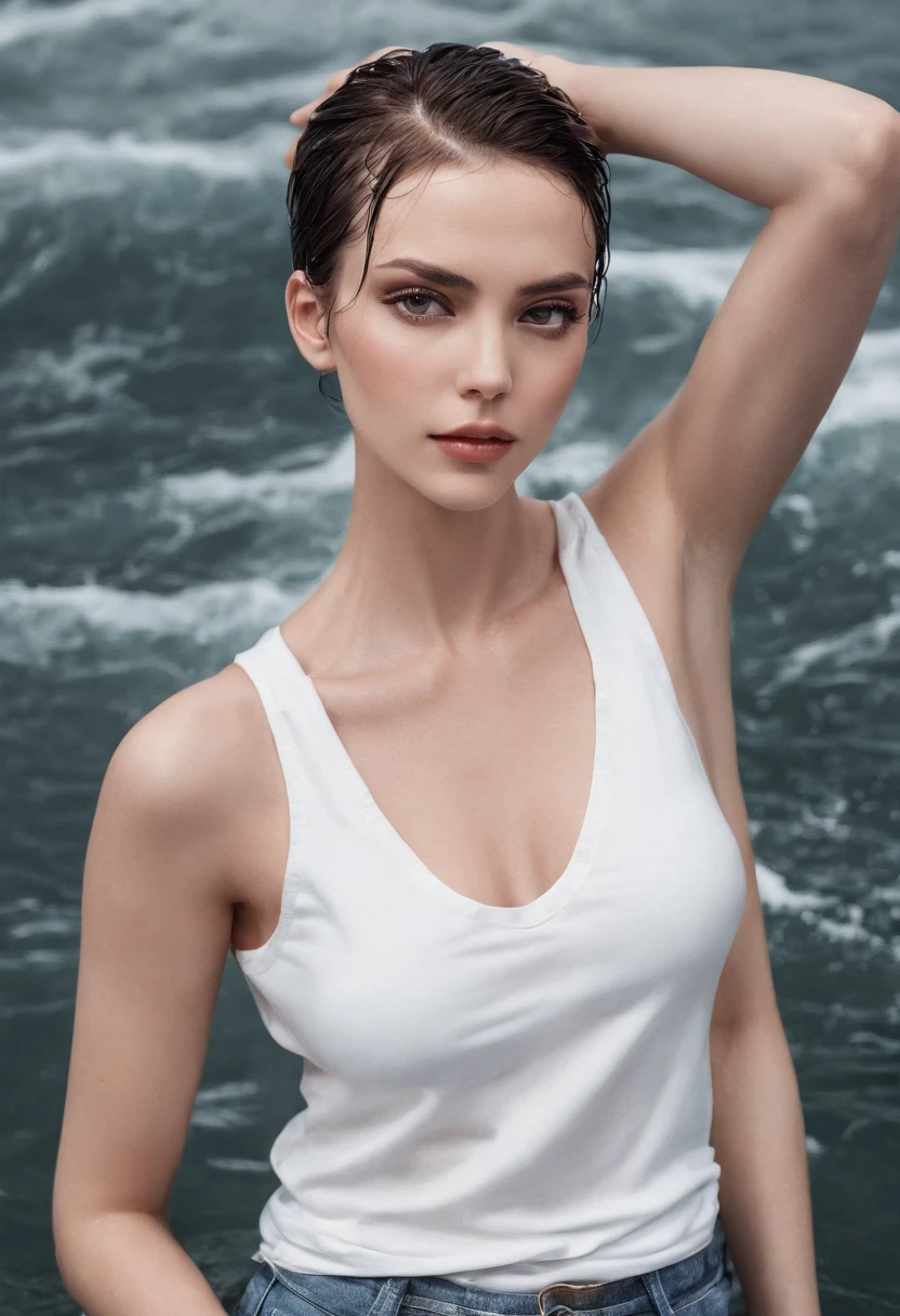 photograph of a woman in a white tank top in water, wet hair pulled back, wet jeans, middle eastern, wet tank top, soaked, hair slicked back, beautiful symmetrical face, ultra realistic, fashion editorial, elegant, highly detailed, intricate, sharp focus, 85mm, mid shot, (centered image composition), trending on instagram