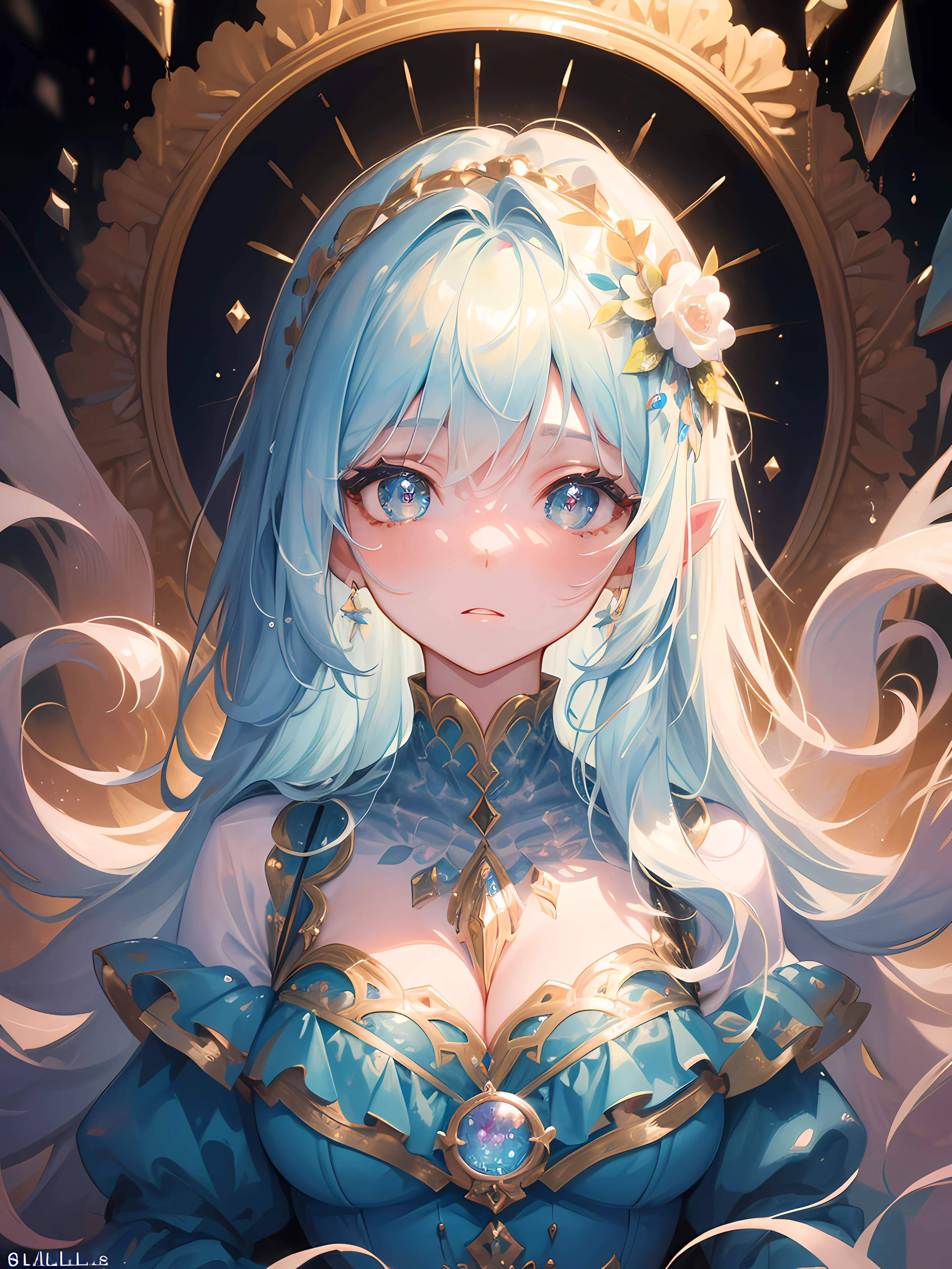 masterpiece, best quality, 8k resolution, sharp focus, intricate detail, beautiful girl, sparkling eyes, golden ratio face, otherworldly liquid, watercolor, pastel colors, bright colors, whimsical, colorful, sharp focus, high resolution, fine detail, ((layered tiered puffy long sleeves ballgown)), ((round eyes)), iridescent bubbles, fantasia background