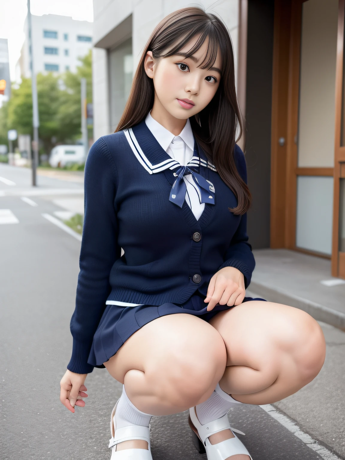 surrealistic、top-quality、 超A high resolution、Nikon Z 85mm、({(Raw foto:1.2)})natural soft light、profetional lighting、Look at viewers, realisitic、Super live-action、Photorealsitic、The crotch is visible、{frontage、Angle from below} ({{Hands are out of the angle of view}})portlate、Cute High School Girl、Uniform miniskirt、Cute sailor suit、Sailor suit skirt、Dark blue skirt、((accurate hands without incongruity)) Both legs are bent、The toes are on the ground、The legs are spread in an M shape and the panties are visible.、Delicate thighs visible from the front、ta、 Japan schoolgirl uniform、White panties visible from uniform miniskirt、(Panchira)Uniform miniskirt、Perfect raw legs、delicate legs、 perfectly proportions、A sexy、Chest visible、 Squatting deep in the city、Show your pants around town、 ulzzang -6500-v1.1, Well-formed face、perfectly proportions、Well-formed fingertips、 Cute High School Girl、 Beautiful face in every detail、Realistic human skin、Provocative facial expressions、Semi-long、Smooth hair、de pele branca、light skinned、 (hyperdetailed face、(very detailed lips、{round and detailed eyes}二重まぶた、Moist eyes、{Very delicate eyebrows})) (Strong-minded、(childish、pure、Attractive woman、charmed、glamor、Victory、Cheeky、glad、kawaii、Good aroma、))