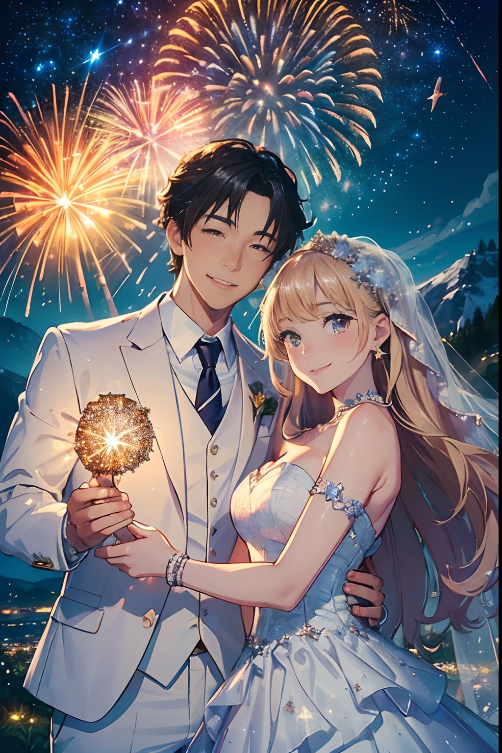 ((Best quality, A high resolution, Masterpiece:1.2)), (Romantic), (newlyweds:1),(Happy smile),Delicate facial features, Clear facial features, Optimized details,(Stargazing at the top of the mountain), (Spectacular sky fireworks display), (Colorful fireworks), (Giant fireworks), (Wedding dress), (suit), (glittering stars:1.5), Romantic couple photo, cinematic Film still from.