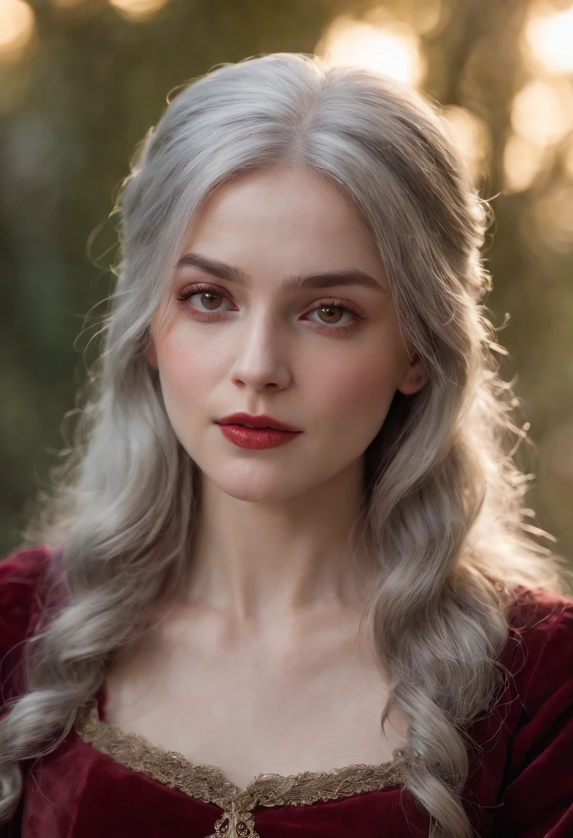 (((A deep red wound streaked across her left cheek))) Fair complexion, A woman around 19 years old, Natural gray hair, Unique green eyes, Wear Cole, Slender and graceful, Beautiful, Candlelight in a medieval setting, super sharp focus, realistic lens, Medieval women's clothing, Four colors (Scar:1.4)