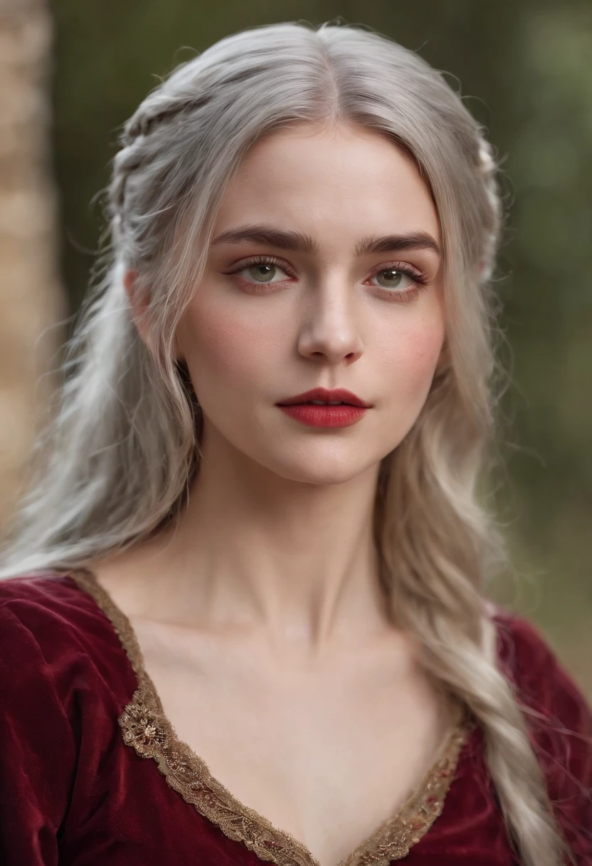 (((A deep red wound streaked across her left cheek))) Fair complexion, A woman around 19 years old, Natural gray hair, Unique green eyes, Wear Cole, Slender and graceful, Beautiful, Candlelight in a medieval setting, super sharp focus, realistic lens, Medieval women's clothing, Four colors (Scar:1.4)