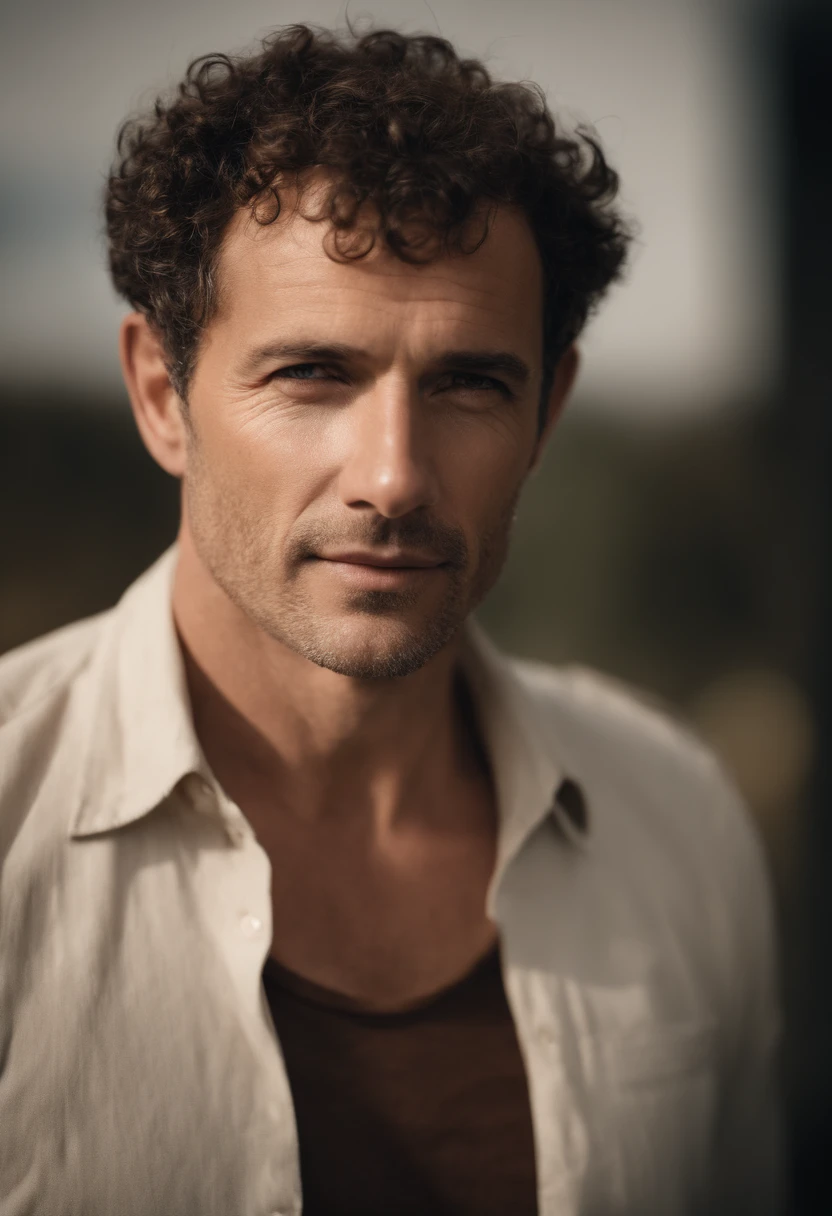 Cinematographic portrait , Un homme Handom, Grand et en forme, (40 ans:1.1), (shaven:1.2), (very short brown hair a little curly:1.5),(very short hair:1.6). costume moulant noir, chemise blanche . minimalist background, Composition propre, Strong details, muted colors, Hasselblad, style brut