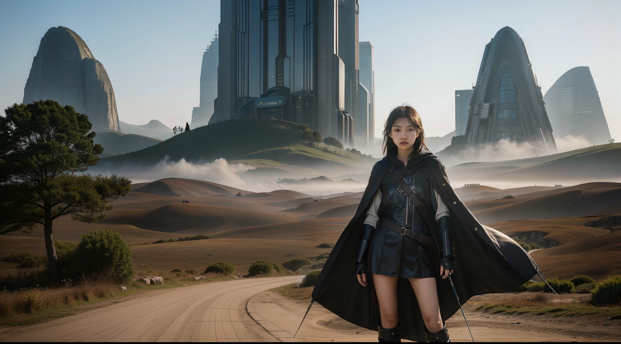 1 girl, young, 16 years old, Asian, full body from head to toe, Realistic, Realistic face, worried, looks over shoulder, side lighting, wallpaper, looks at viewer, futuristic steampunk buildings in background, Long cape and hood, earth ground, exterior, hold a crossbow, fight steampunk robots, dragon logo,