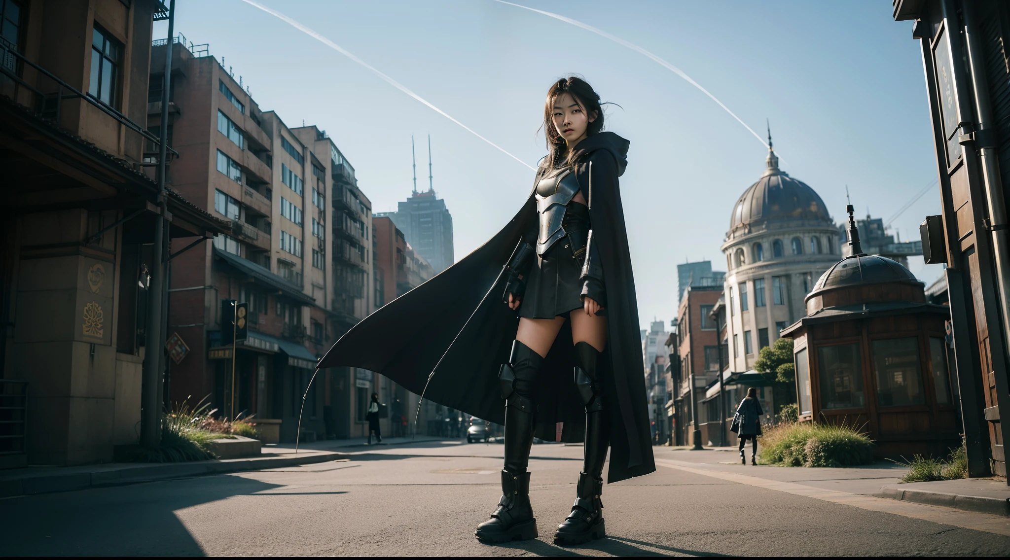 1 girl, young, 16 years old, Asian, full body from head to toe, Realistic, Realistic face, worried, looks over shoulder, side lighting, wallpaper, looks at viewer, futuristic steampunk buildings in background, Long cape and hood, earth ground, exterior, hold a crossbow, fight steampunk robots, dragon logo,