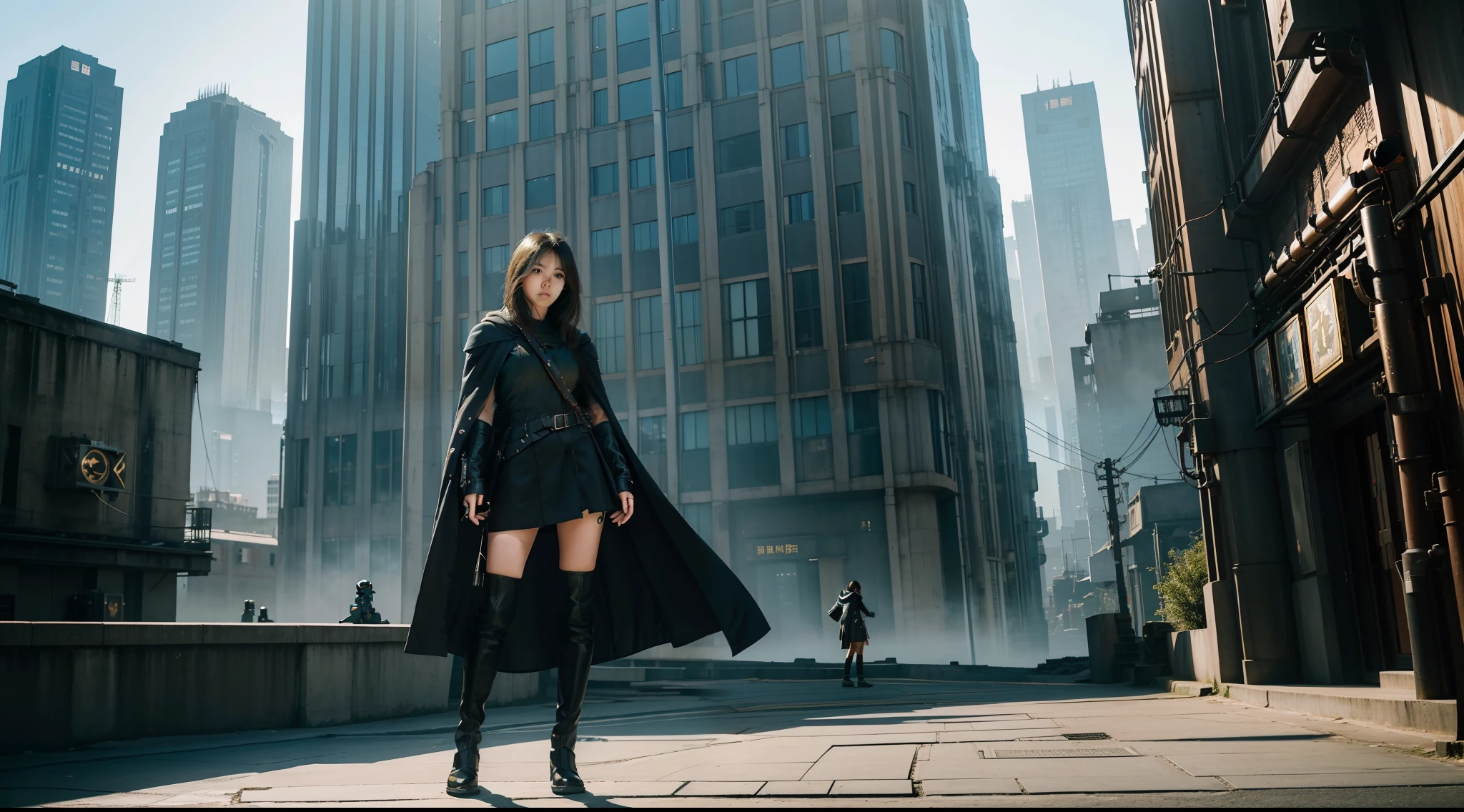 1 girl, young, , Asian, full body from head to toe, Realistic, Realistic face, worried, looks over shoulder, side lighting, wallpaper, looks at viewer, futuristic steampunk buildings in background, Long cape and hood, earth ground, exterior, hold a crossbow, fight steampunk robots, dragon logo,