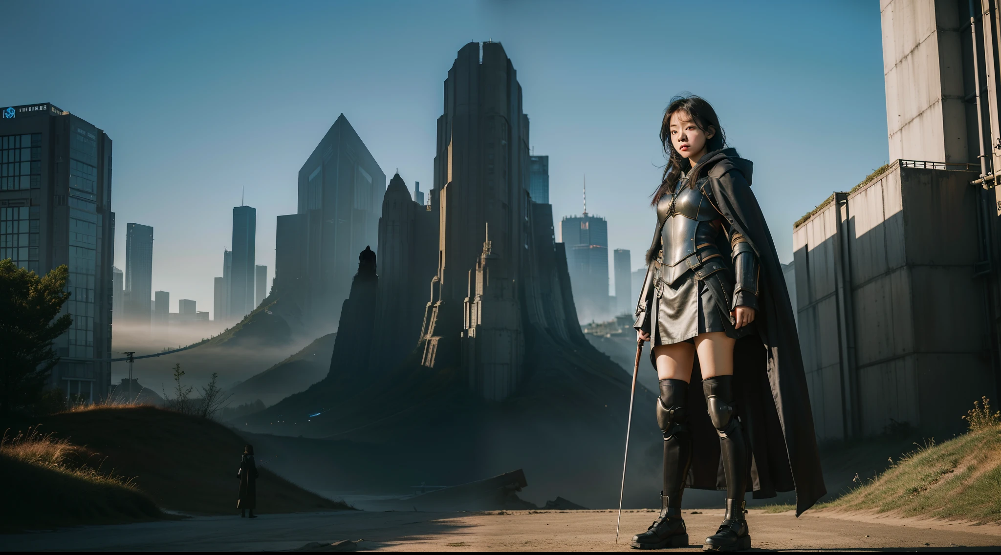 1 girl, young, 16 years old, Asian, full body from head to toe, Realistic, Realistic face, worried, looks over shoulder, side lighting, wallpaper, looks at viewer, futuristic steampunk buildings in background, Long cape and hood, earth ground, exterior, hold a crossbow, fight steampunk robots, dragon logo,