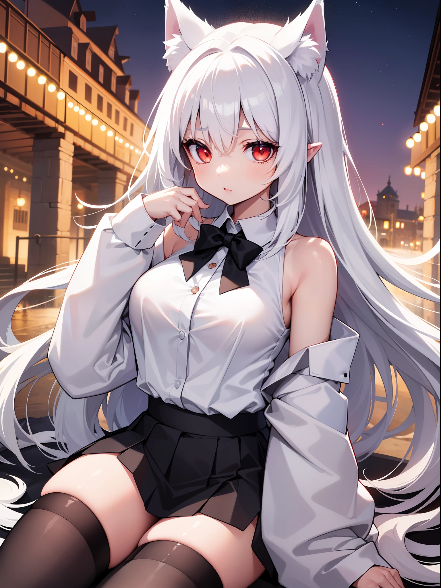 girl, young, big breasts, white long hair, red glowing eyes, white fox ears, white pointy halo, oversized shirt, white shirt, off shoulder, loose bottom shirt button, opened shirt button, black long tie, black big collar, black platted mini skirt, 5cm skirt, black stockings, medieval village, bridge, small river, sunny