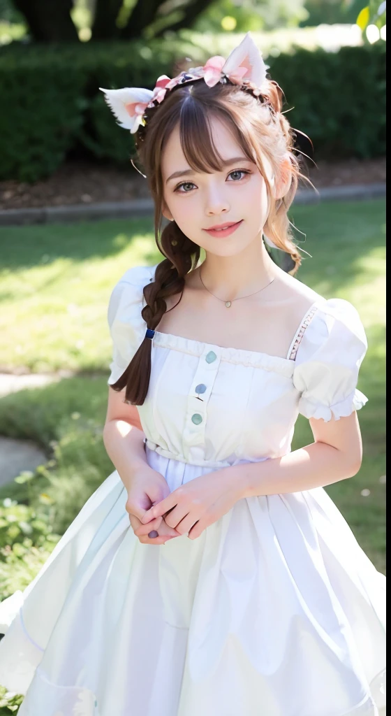 8k,Japanese,,innocent face,teenage girl,cute,Spring-like clothes,Spring weather,everyday wear,sitting,black hair,flower garden,hair clip,Decolletage