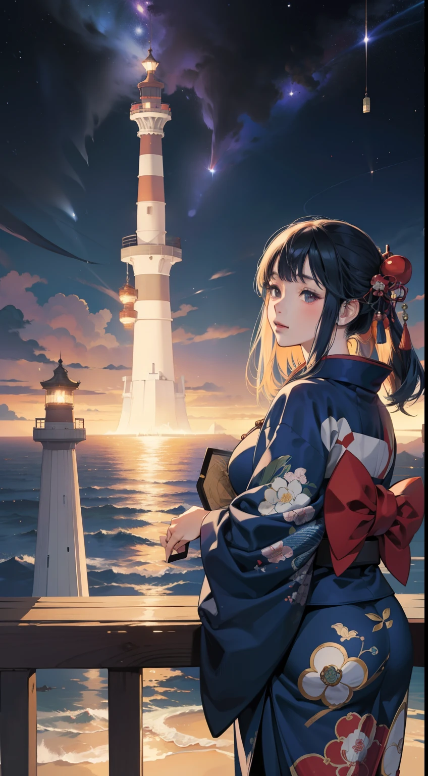 Ukiyoe-style anime, wonder, bizarre, fantastic, surreal fantasy, sci-fi fantasy, lighthouse at the end of the galaxy, jumping whale, beautiful girl in kimono seen from the hill hyperdetailed high definition high resolution high quality masterpiece