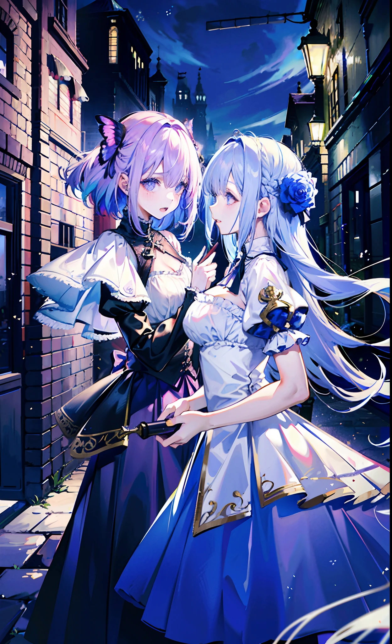 ((On the streets of the Middle Ages,2 girls,Twin sisters)),silber hair,butterflys,long whitr hair,8k wallpaper,detailedbackground,Highest high resolution,deep v big breasts,Hair over eyes,Bandeau,Purple roses,tight-fitting,themoon,stocklings,