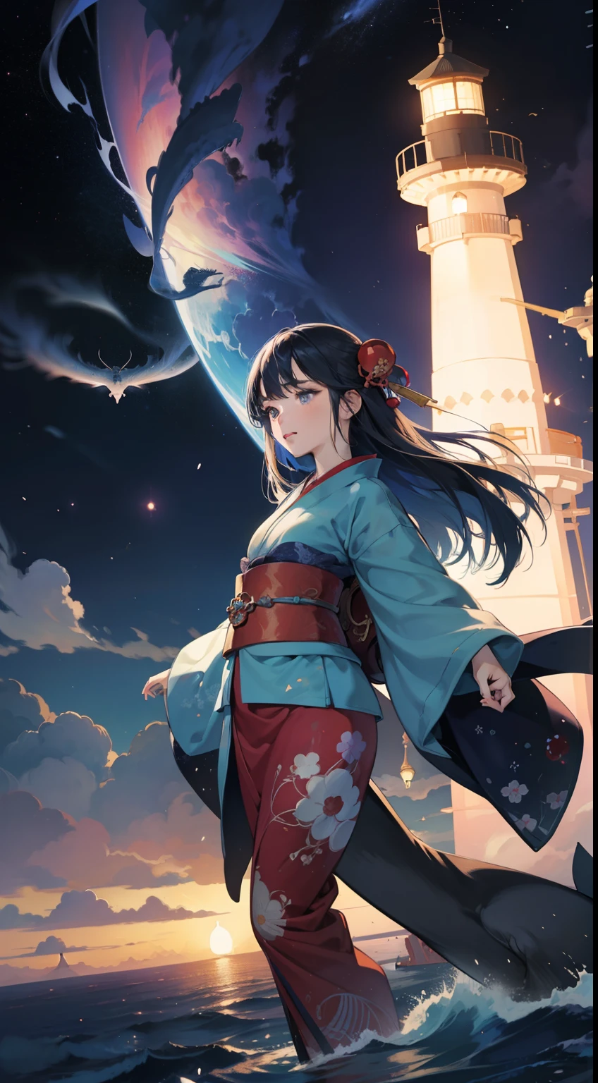 Ukiyoe-style anime, wonder, bizarre, fantastic, surreal fantasy, sci-fi fantasy, lighthouse at the end of the galaxy, jumping whale, beautiful girl in kimono seen from the hill hyperdetailed high definition high resolution high quality masterpiece