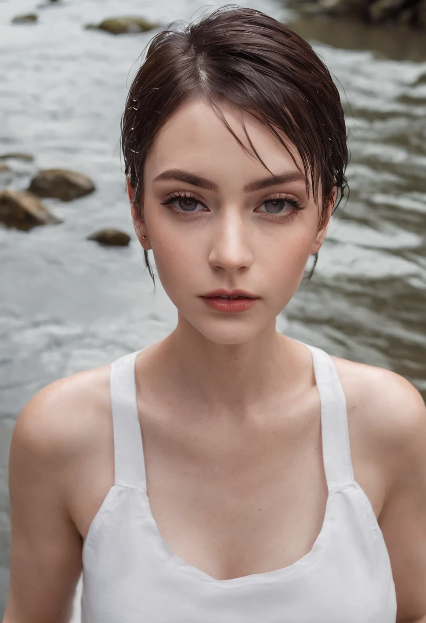 photograph of a woman in a white tank top sitting in a river with pixie cut, soaked hair, wet hair pulled back, wet jeans, wet clothes, raining, soaked, hair slicked back, beautiful symmetrical face, highly detailed, intricate, sharp focus, 85mm, mid shot, (centered image composition), trending on instagram, ultra realistic, concept art
