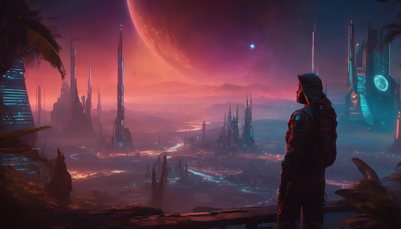 "Immerse yourself in a cyberpunk-inspired environment, A neon-lit world, Be captivated by the surreal sight of a ringed planet dominating the sky, Full of fascinating digital art."