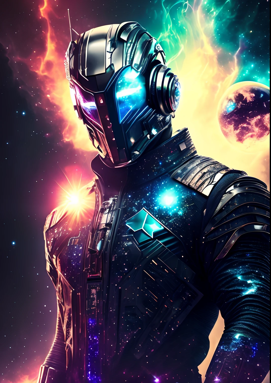 dreamlikeart, galaxy, outer space, nebula, star, [cyberpunked] Man from the stars (star:1.5),