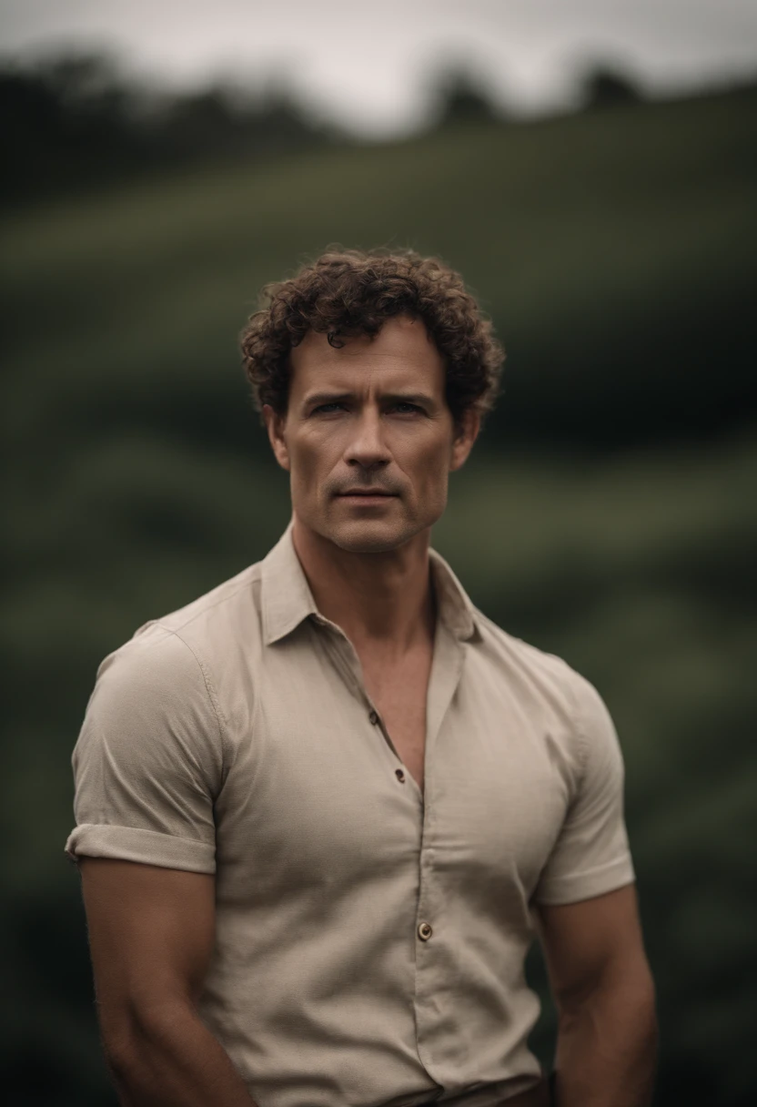 Cinematographic portrait , Un homme Handom, Grand et en forme, (40 ans:1.1), (shaven:1.2), (very short brown fine hair a little curly:1.5),(very short fine hair:1.6). costume moulant noir, chemise blanche . minimalist background, Composition propre, Strong details, muted colors, Hasselblad, style brut