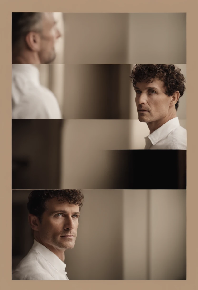 Cinematographic portrait , Un homme Handom, Grand et en forme, (40 ans:1.1), (shaven:1.2), (very short brown fine hair a little curly:1.5),(very short fine hair:1.6). costume moulant noir, chemise blanche . minimalist background, Composition propre, Strong details, muted colors, Hasselblad, style brut