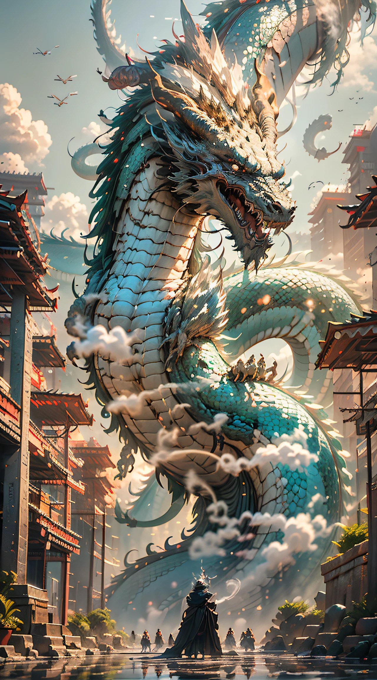 Buddha and dragon are fighting（fo：1.3）,a cassock,dharma,Like the palm of the Buddha,The Chinese White Divine Dragon soared into the air，（Buddha manipulates dragons：1.3），（Buddha turned his back to the camera：1.3），Sky clouds surround the surroundings，Light magic，Fantastic background，Meaning background，Ridiculous background，There are artistic overlays，multicolored hair, surrealism, Cinematic lighting, Ray tracing, god light, speed-line, angle of view, hyper HD, Masterpiece, Best quality, Super detail, A high resolution, High quality，（Far view：1.3）