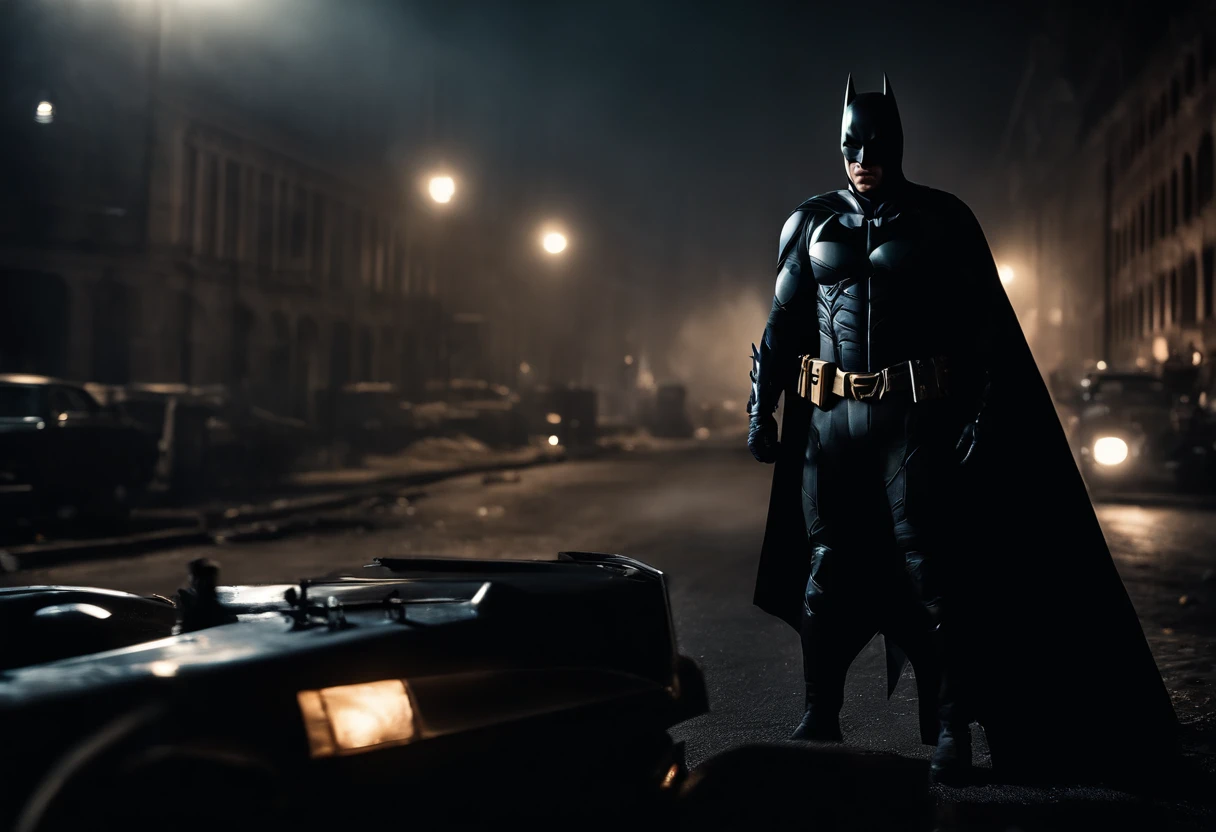 Batman em Gotham city , Scenario with destruction , cavaleiro das trevas , Standard scenario , olhar focado , melhor qualidade , best resolution , obra prima