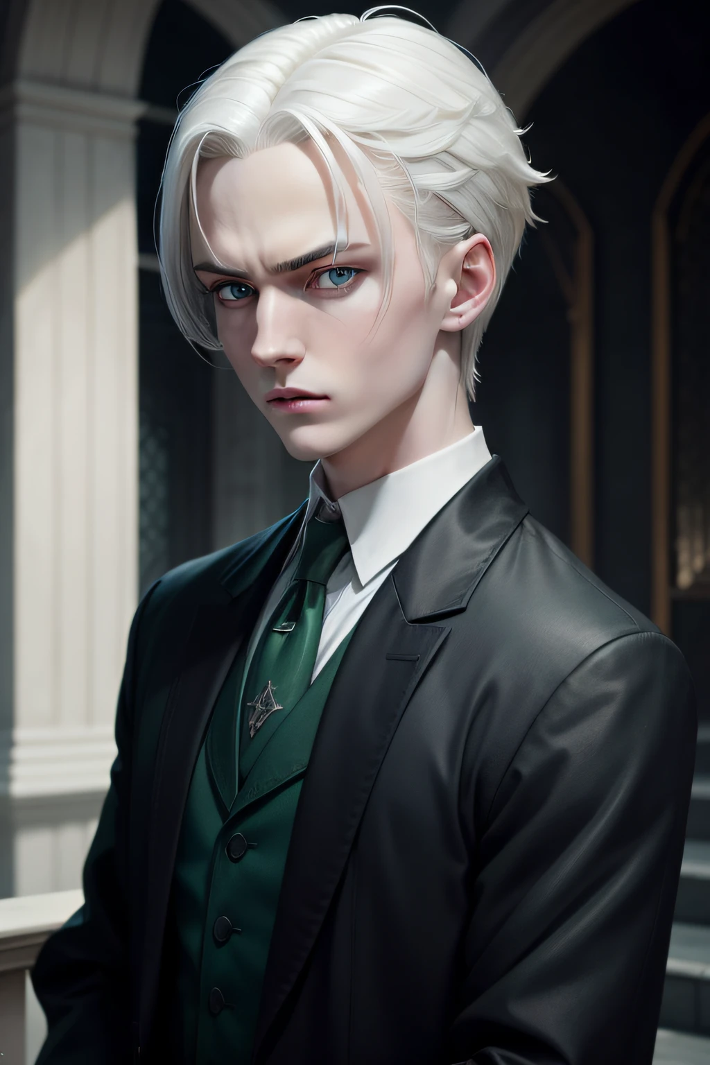 Draco Malfoy, slytherin, anime man, art, pale complexion, Her shiny platinum hair was combed back proudly — a hallmark of the Malfoy clan — and had bluish-gray eyes. style anime