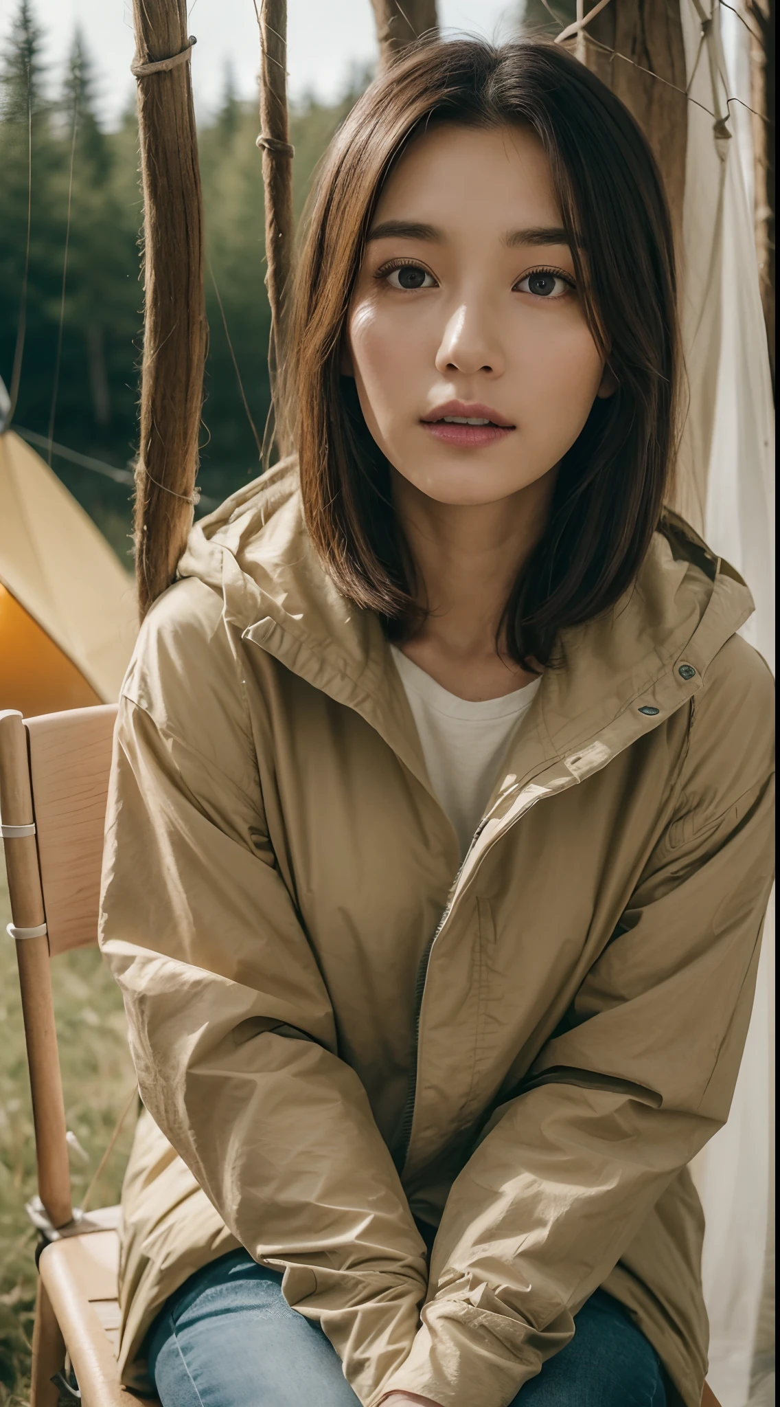(top-quality:1.2),(8K),(beatuful nature:1.2)(campsite:1.2),Captures a young 30-year-old woman,(1人の女性:1.2),Beautiful detailed style、beautifull detailed face、beatiful detailed eyes、Beautiful detailed double eyelids、Beautiful brown hair,(overall:1.2),(parka:1.2),Trees standing in nature々and in the woods,(teepee:1.2),(sit a chair:1.2),He looks at the viewer with kind eyes.,Viewers look down at her from above、This moment is exactly(Masterpiece:1.2)で、Her beauty and natural beauty(top-quality:1.2)
It shines with,