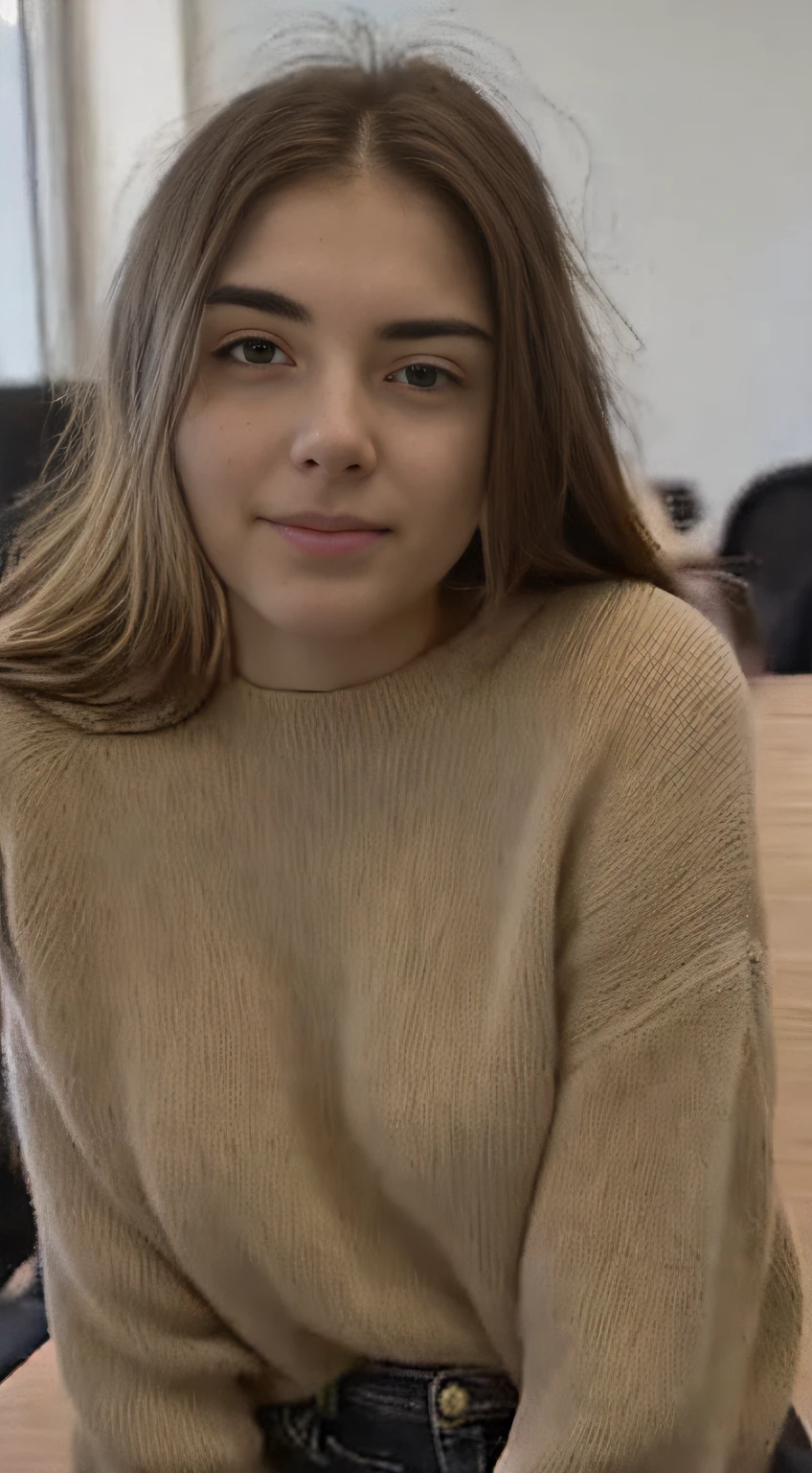 beautiful woman sitting at a table with laptop, RAW photograph, office background, photograph of young woman, looking straight to camera, she has a distant expression, smug smirk, calm, serene expression, intelligent, straight dark hair with center parting, beige loose fitting jumper, small breasts, no bra, pokies, she is facing the camera, 19-year-old girl, very beautiful, sexy,