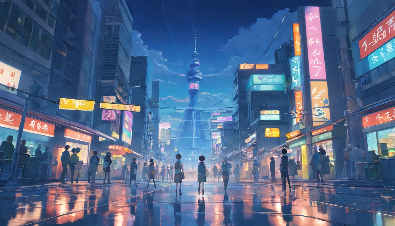 1boys,Only 12、full body shot of、The beginning of the adventure、Very dark sky、Lots of clouds,Heavy fog、starrysky、large moon,The chaotic city of the future、dystopian、blimp、A group of very tall skyscrapers stands in the center、High brightness radio tower、Crowded skyscrapers、Signs、the street lights、taxis、the bus、Train、Fairly dim lighting、The Dark Road、Puddles、chaos、Fantastic landscape、high high quality、masutepiece,8K、A high resolution、