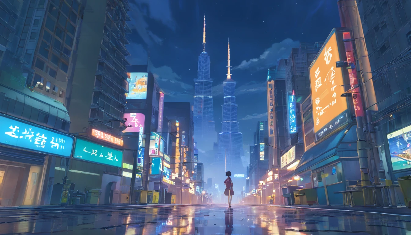 1boys,Only 12、full body shot of、The beginning of the adventure、Very dark sky、Lots of clouds,Heavy fog、starrysky、large moon,The chaotic city of the future、dystopian、blimp、A group of very tall skyscrapers stands in the center、High brightness radio tower、Crowded skyscrapers、Signs、the street lights、taxis、the bus、Train、Fairly dim lighting、The Dark Road、Puddles、chaos、Fantastic landscape、high high quality、masutepiece,8K、A high resolution、