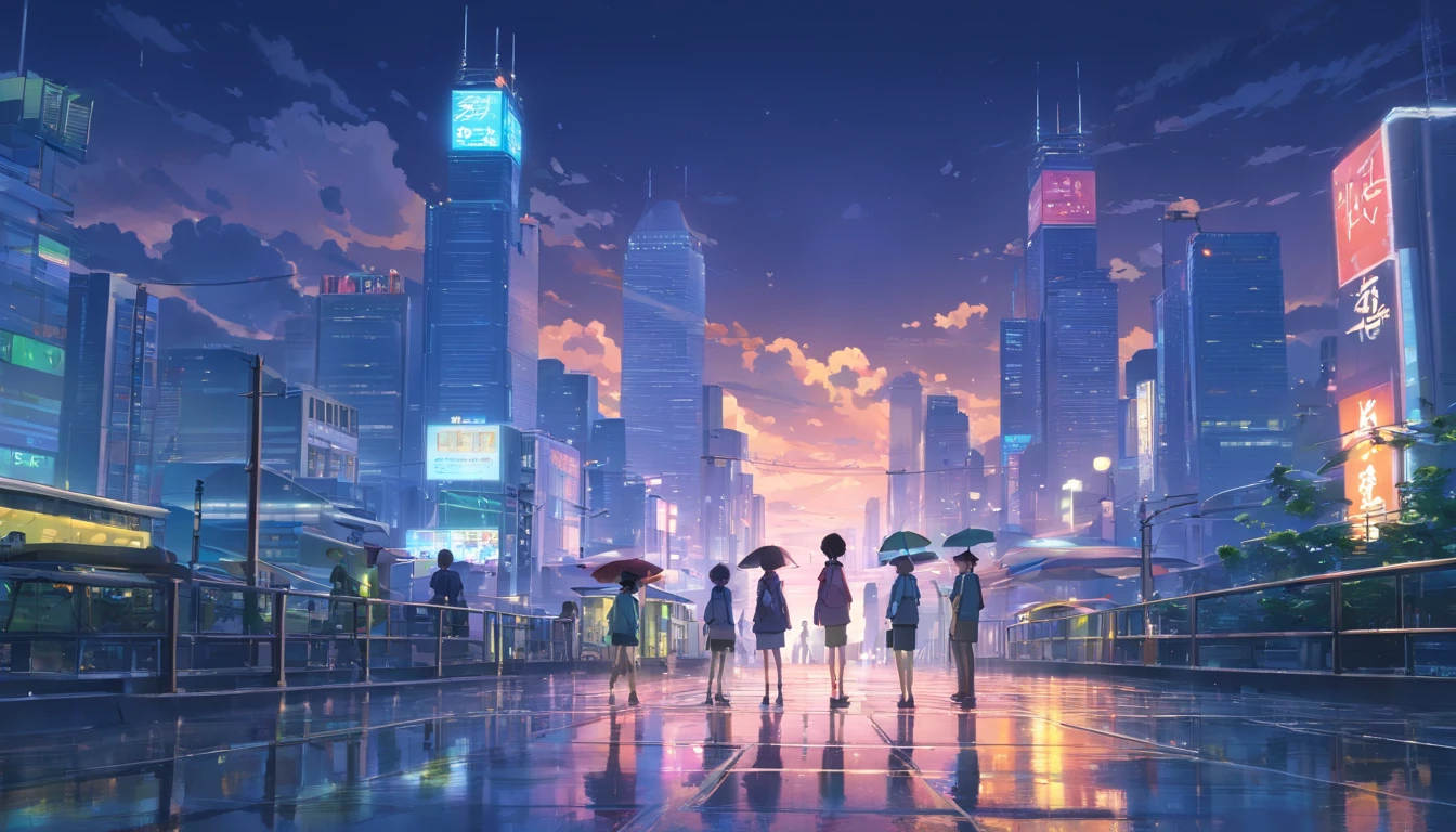 1boys,、full body shot of、The beginning of the adventure、Very dark sky、Lots of clouds,Heavy fog、starrysky、large moon,The chaotic city of the future、dystopian、blimp、A group of very tall skyscrapers stands in the center、High brightness radio tower、Crowded skyscrapers、Signs、the street lights、taxis、the bus、Train、Fairly dim lighting、The Dark Road、Puddles、chaos、Fantastic landscape、high high quality、masutepiece,8K、A high resolution、