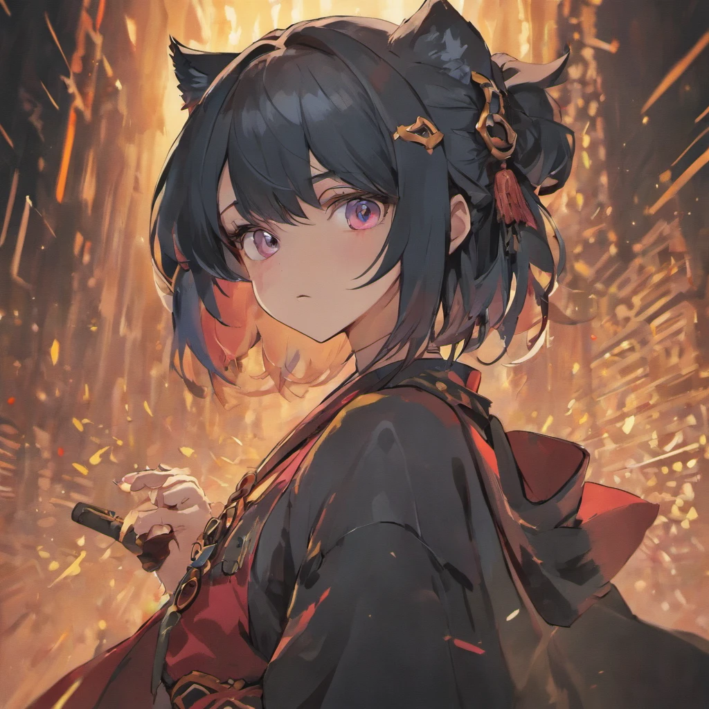 (masterpiece), best quality, expressive eyes, perfect face, fantasy cat girl ninja, hand focused, ninja mask, black