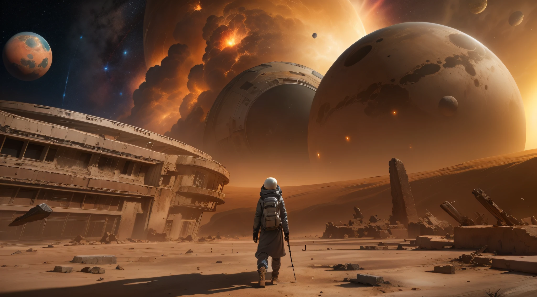 In a distant solar system, a young astronomer discovers a planet engulfed in a huge cosmic dust storm. As he approaches to investigate, he discovers that the storm hides a huge alien city that has been abandoned for millennia. As she explores the ruins, she discovers clues about a civilization that has been wiped out in a devastating war. The images depict ancient monuments, spheres of explosive energy, and sunken interstellar spaceships in an ocean of stars."