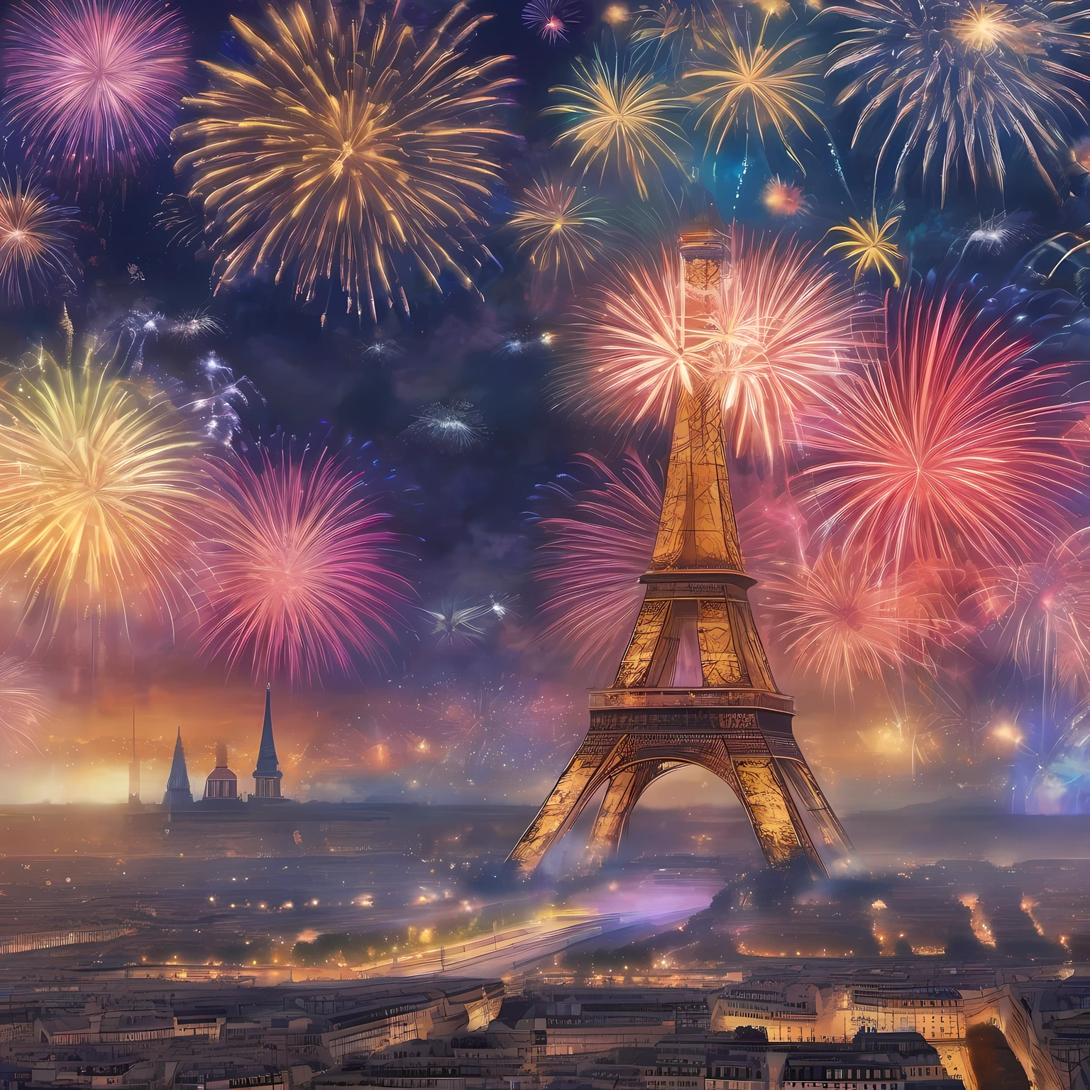 Paris、Paris in the 1800s、triumphal arch、Fireworks to celebrate the New Year、Gorgeous fireworks、Colorful fireworks、Large colorful fireworks、Colorful fireworks line art、Fireworks covering the sky over Paris、