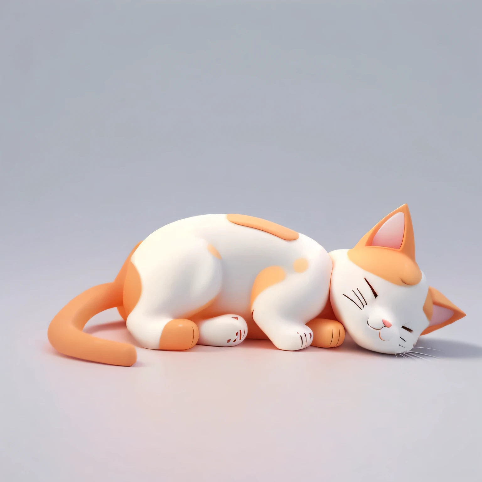 Blind box toy style cartoon cat cheese cat sleeping on white background, cats sleeping, illustration of a cat, Cats are white, Orange pattern on body A cute cat, cats sleeping, cat design, anime cat, anime visual of a cute cat, whole cat body, the cat is smiling, Cute cat, , ginger cat, C4D 3D Morandi Color System 2D Clay IP Image Cat Morandi Color Glossiness Refined
