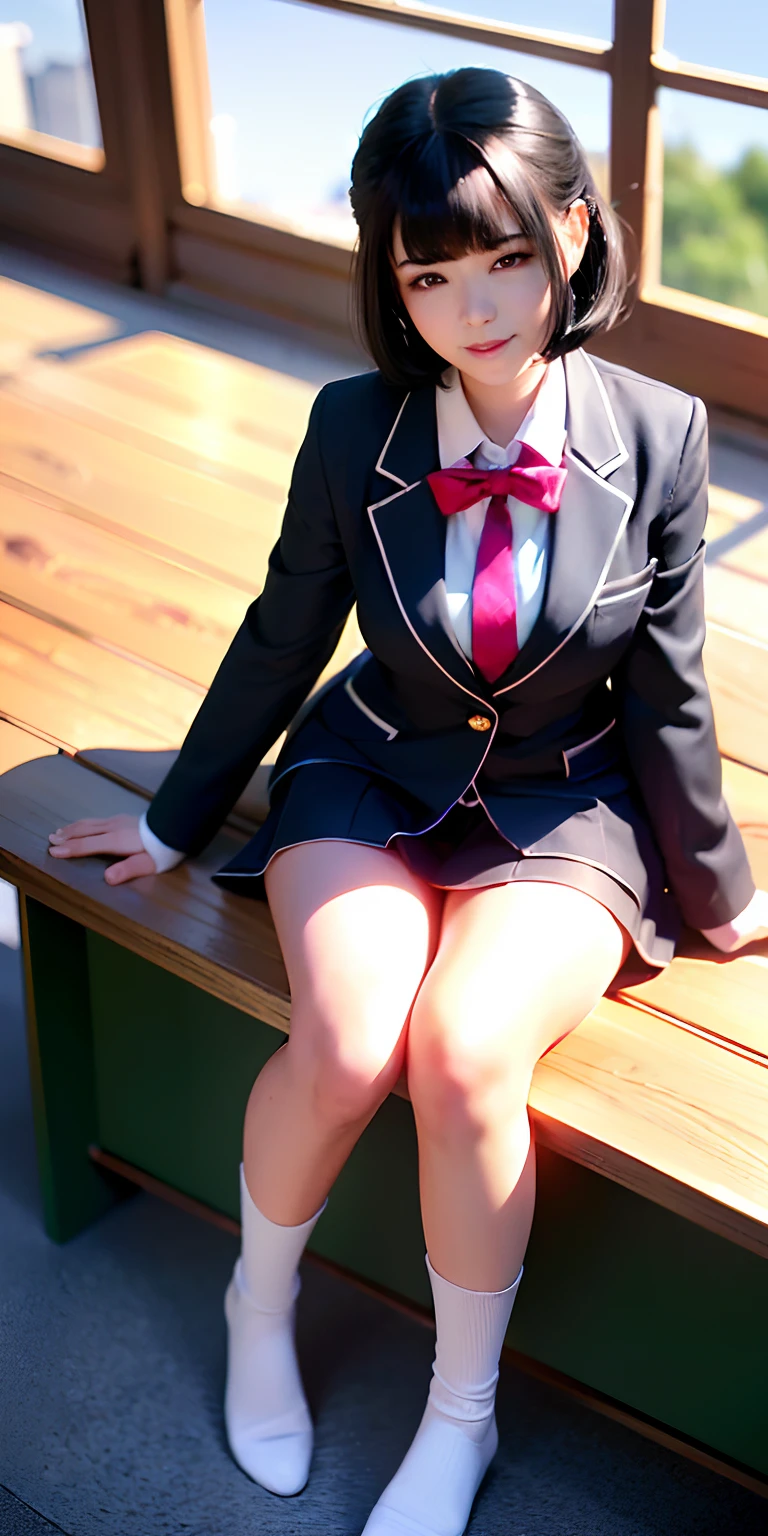 ((8k, RAW photos, top quality, masterpieces), high-definition RAW color photos professional close-up photos, (realistic, photorealism: 1.37), (highest quality), (best shadows), (best illustrations), collarbones ((big)), ((erotic, sexy, ultra high resolution, high-definition CG unified 8K wallpapers, physically based rendering, movie lighting), (aegyo sal:1), 18 year old girl, (grey blazer, ribbon, socks, high school uniform: 1.2), high school classroom, beautiful detail eyes, light on the face, ((full body shot: 1.2)), especially strong light, (upper eyes, grinning smile:1.2),shiny skin, (((black hair, bob hair:1.2))), ( thick thighs), ulzzang-6500-v1.1:0.2, shy, (flash:1.2), NSFW , (puffy), ((seductive posture: 1.2, attractive: 1.2)), (idle), (sitting at a desk in classroom: 1.2)), ((good anatomy: 1.2)), ((bright and refreshing classroom, background blurred: 1.2)), perfect face, cute face, (high angle shot:1.2)