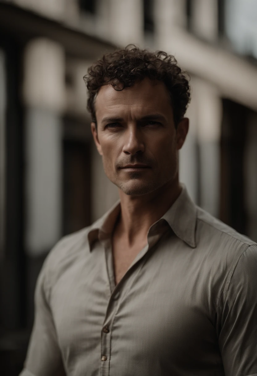 Cinematographic portrait , Un homme Handom, Grand et en forme, (40 ans:1.1), (shaven:1.2), (very short brown fine hair a little curly:1.5),(very short fine hair:1.6). (costume moulant noir et chemise blanche:1.3) . minimalist background, Composition propre, Strong details, muted colors, Hasselblad, style brut
