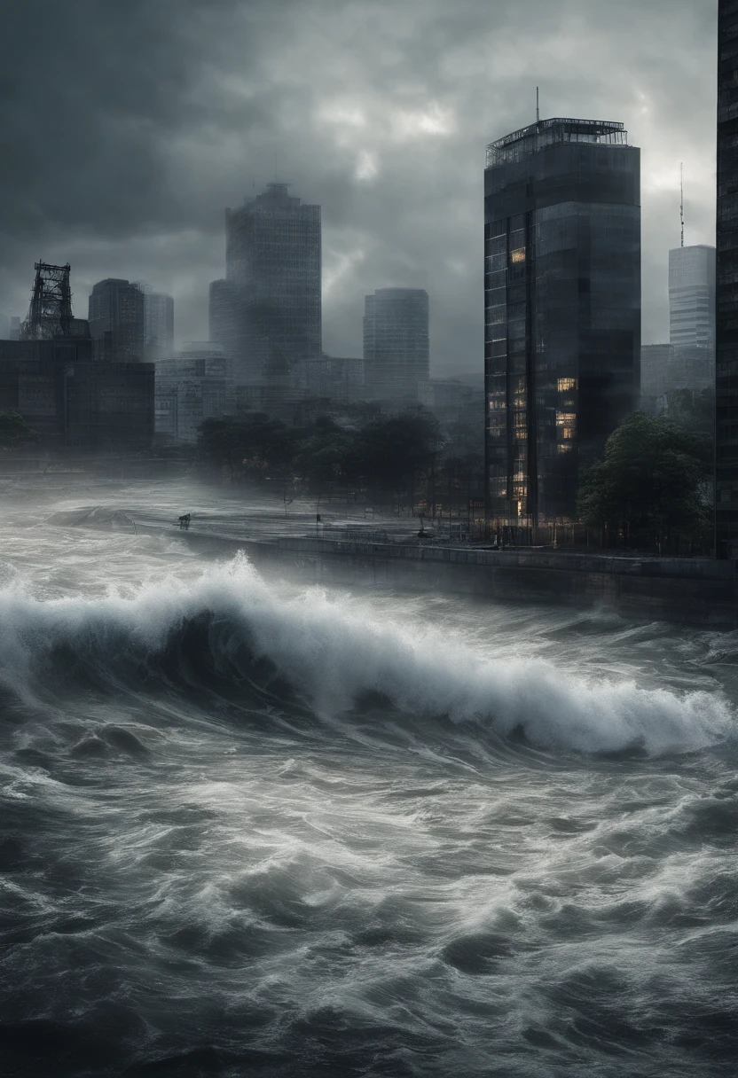 Create a cinematic cityscape，Towering tsunami waves pound the city skyline. The lens should capture the absolute power and destructive power of the wave, The building in the foreground is partially submerged, debris flying, and the feeling that disaster is imminent. Long lens camera angle with EE 70mm lens on the Nikon D850, Aim for high resolution, Photorealistic rendering. Ensure that the scene is highly detailed, With HDR lighting, And convey a sense of urgency and confusion.