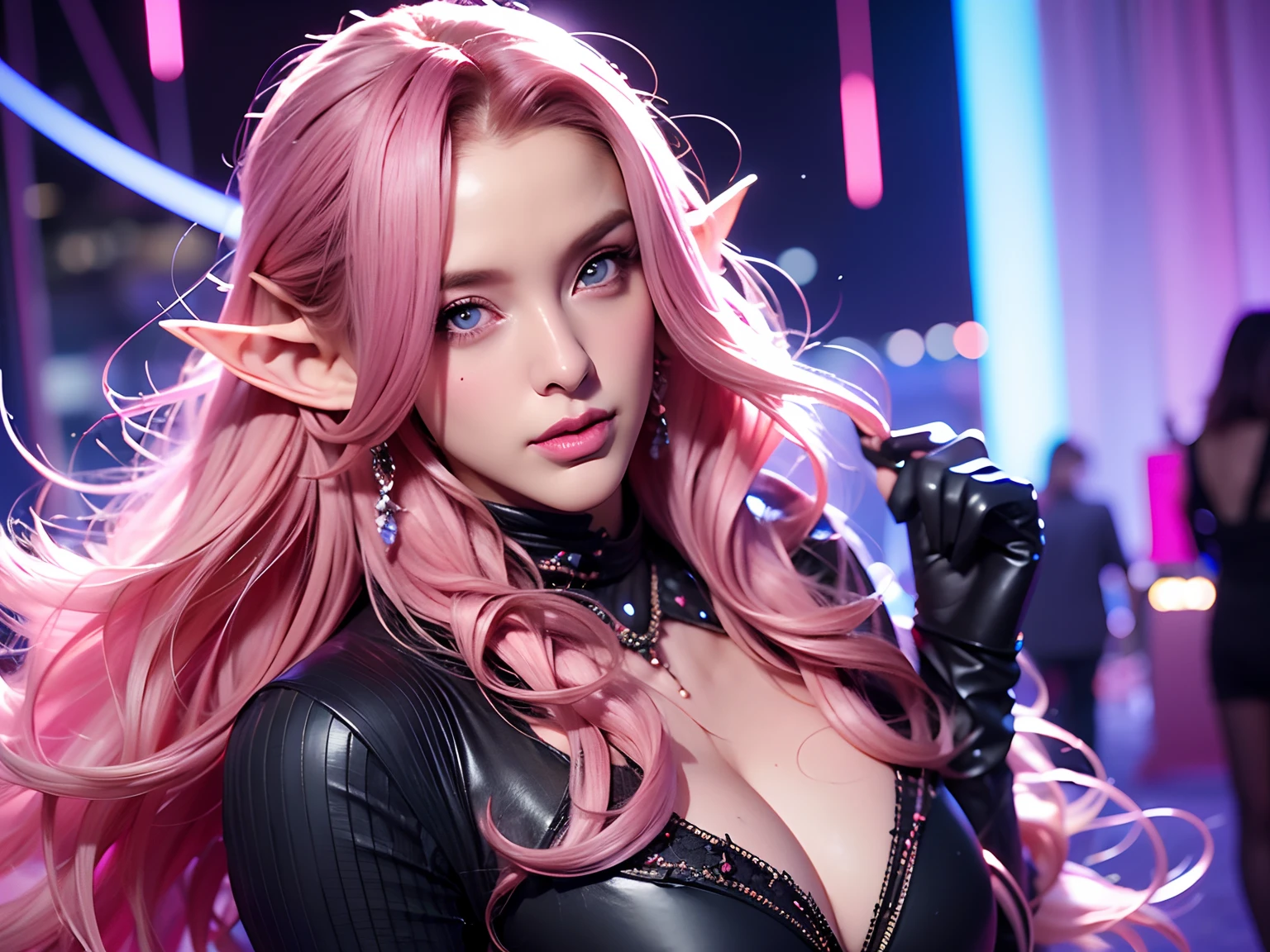 female, long curly hair, pink hair, blue eyes, nightclub background, party scene, sexy short outfit, Eleven, pointy ears, black clothes, elf
