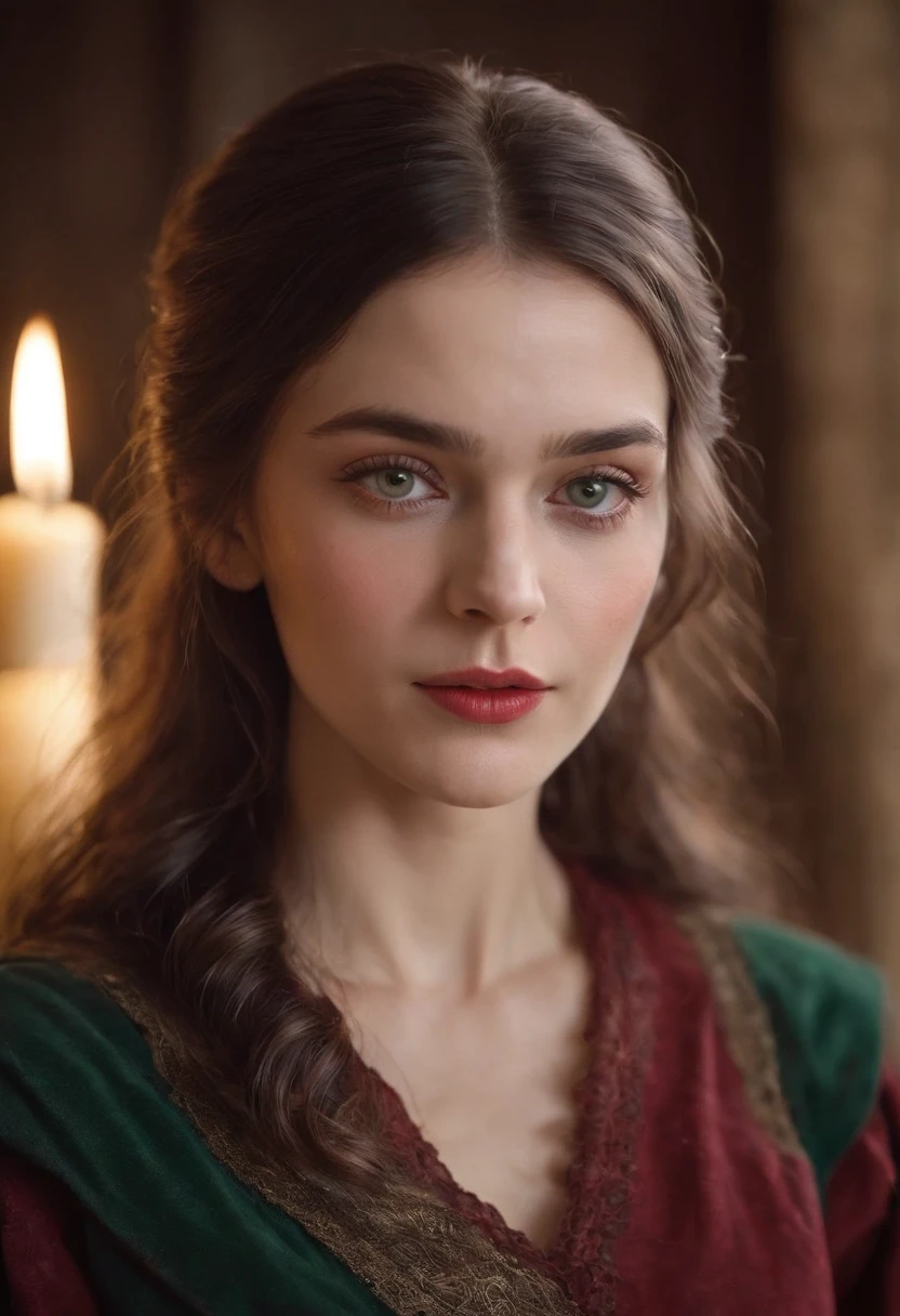 (((A deep red wound streaked across her left cheek))) Fair complexion, A woman around 19 years old, Natural gray hair, Unique green eyes, Wear Cole, Slender and graceful, Beautiful, Candlelight in a medieval setting, super sharp focus, realistic lens, Medieval women's clothing, Four colors (Scar:1.4)