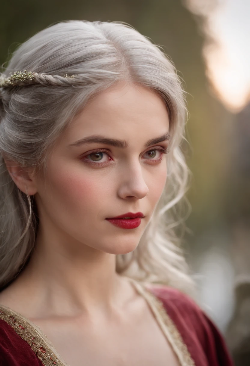 (((A deep red wound streaked across her left cheek))) Fair complexion, A woman around 19 years old, Natural gray hair, Unique green eyes, Wear Cole, Slender and graceful, Beautiful, Candlelight in a medieval setting, super sharp focus, realistic lens, Medieval women's clothing, Four colors (Scar:1.4)