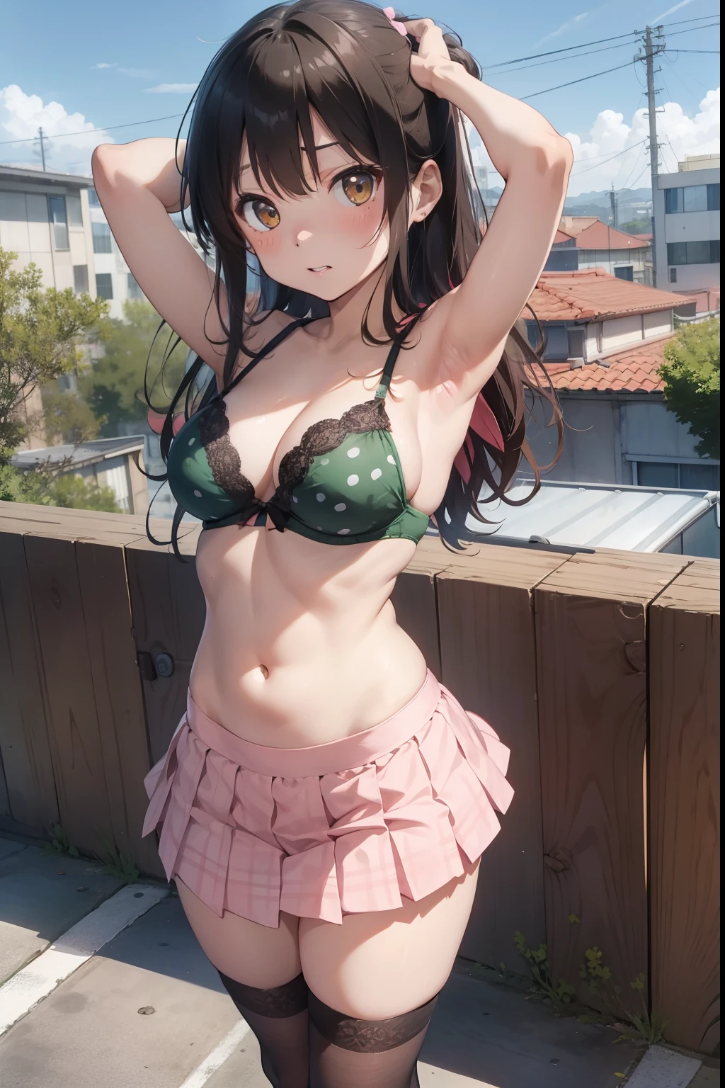 Yuki Mikan、Colossal tits、angry looking face　School rooftop、with floral pattern　Pink Panties、Whitecheck　Green pleated skirt、Black lace　Polka Dot Bra、Black lace stockings、Brown loafers、A slender、is standing、Armpit、Navel Ejection