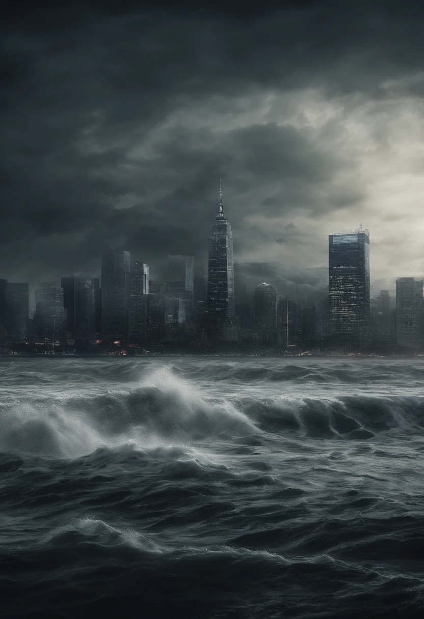 Create a cinematic cityscape,Towering tsunami waves pound the city skyline. The lens should capture the absolute power and destructive power of the wave, The building in the foreground is partially submerged, debris flying, and the feeling that disaster is imminent. Long lens camera angle with EE 70mm lens on the Nikon D850, Aim for high resolution, Photorealistic rendering. Ensure that the scene is highly detailed, With HDR lighting, And convey a sense of urgency and confusion.