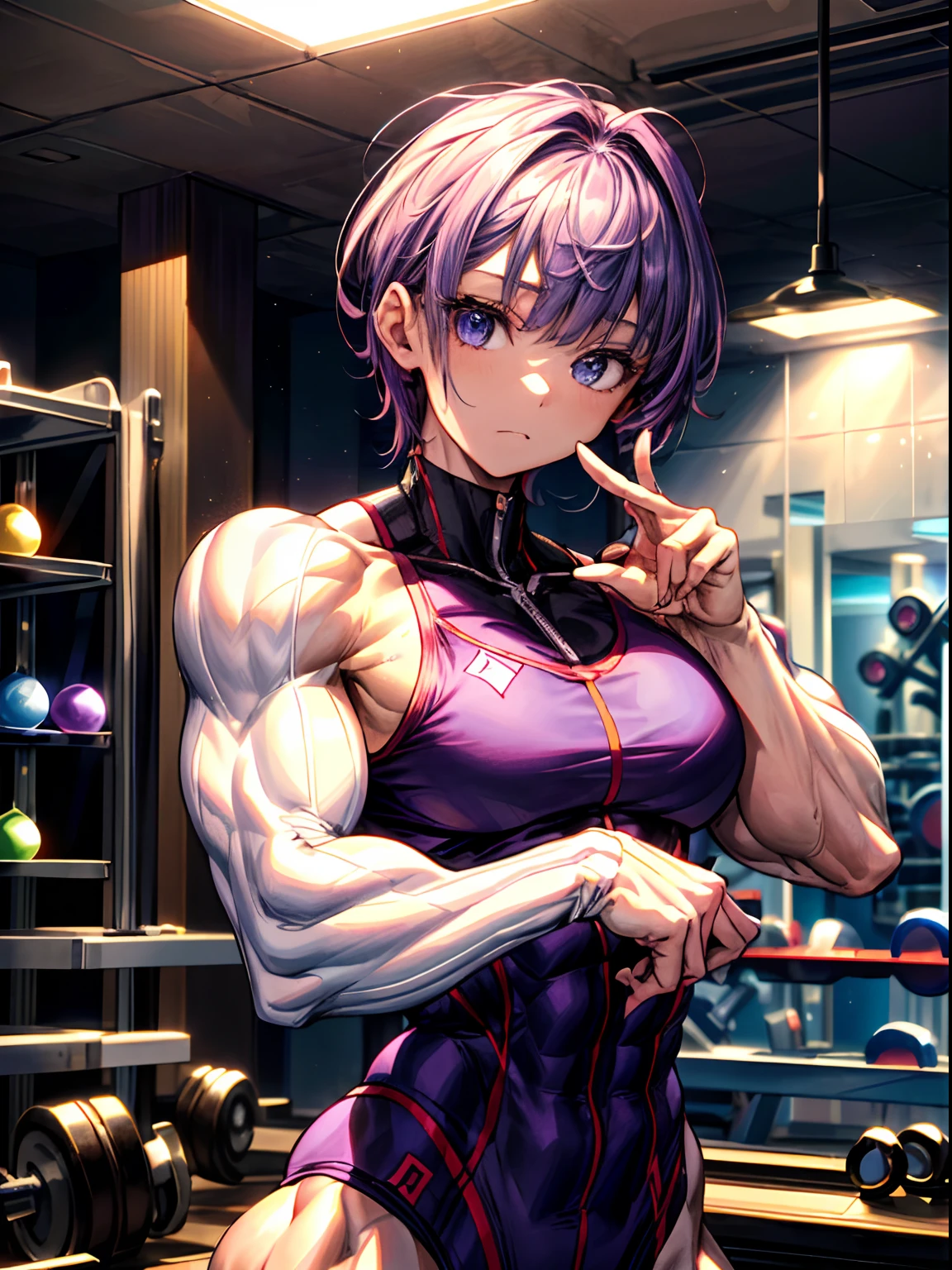 (Sweat, White skin:1.5、Grey sports bra)Surreal Japanese Portraits,, Ron Mueck, Richard Estes, Marilyn Minter、Purple and blue gradation eyes enveloped in the mystery of the universe,、Perfect lighting, (Perfect hands, Perfect Anatomy)、whole body(1:2)、(White skin:1.5、Muscular arms)、Excellent style,Complete body balance、Dynamic Acid Pose(1:2)、(16:Specializing in aspect ratio 9)、Plump body, Brand logo on the bra