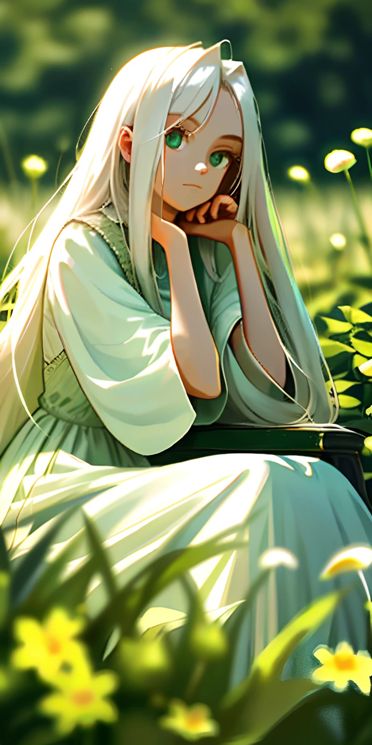 (masterpiece, best quality),1girl with long white hair sitting in a field of green plants and flowers, her hand under her chin, warm lighting, white dress, blurry foreground