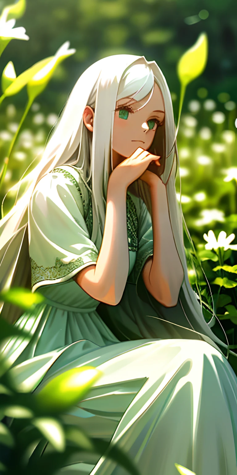 (masterpiece, best quality),1girl with long white hair sitting in a field of green plants and flowers, her hand under her chin, warm lighting, white dress, blurry foreground