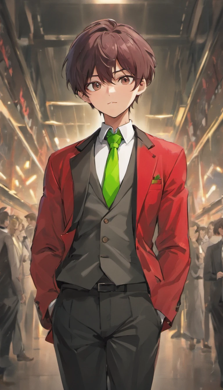 anime boy in a red jacket and green pants with a black tie, an anime drawing inspired by Okumura Masanobu, pixiv, shin hanga, handsome anime pose, anime handsome man, young anime man, smooth anime cg art, anime boy, jk uniform, shigenori soejima illustration, he is greeting you warmly, high quality fanart, UHD, retina, masterpiece, ccurate, anatomically correct, textured skin, super detail, high details, high quality, award winning, best quality, highres, 16k