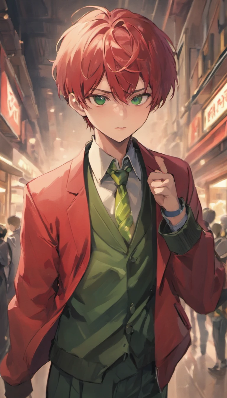 anime boy in a red jacket and green pants with a black tie, an anime drawing inspired by Okumura Masanobu, pixiv, shin hanga, handsome anime pose, anime handsome man, young anime man, smooth anime cg art, anime boy, jk uniform, shigenori soejima illustration, he is greeting you warmly, high quality fanart, UHD, retina, masterpiece, ccurate, anatomically correct, textured skin, super detail, high details, high quality, award winning, best quality, highres, 16k