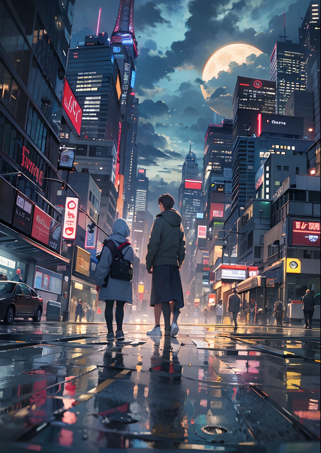 1boys,Only 12、full body shot of、The beginning of the adventure、Very dark sky、Lots of clouds,Heavy fog、starrysky、large moon,The chaotic city of the future、dystopian、blimp、A group of very tall skyscrapers stands in the center、High brightness radio tower、Crowded skyscrapers、Signs、the street lights、taxis、the bus、Train、Fairly dim lighting、The Dark Road、Puddles、chaos、Fantastic landscape、high high quality、masutepiece,8K、A high resolution、