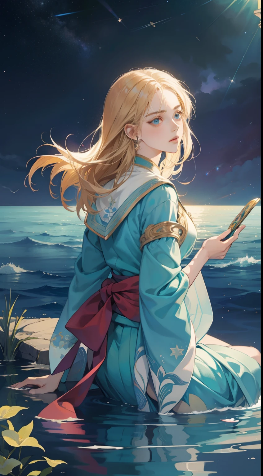 Margaret Tarrant, TRAN NGUYEN, Sulamith Wülfing, Florence Harrison, Japanese anime, girl swimming in ocean of time, stars at the bottom of sea, celestial model, going back to tomorrow, surreal wonder strange bizarre sci-fi fantasy, hyperdetailed high RE high definition high quality masterpiece